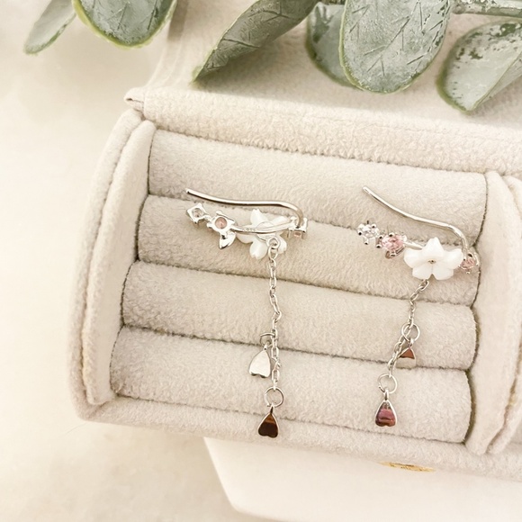 925 Sterling Silver Cherry Blossom Earrings Dangle Flower Petal Drop Earrings - Picture 4 of 5